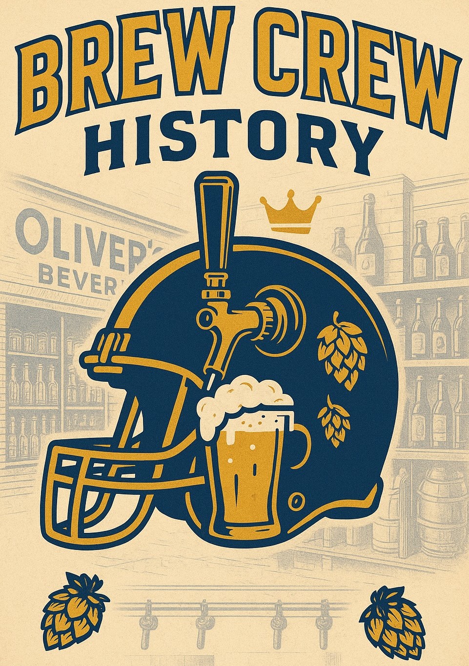 Brew Crew History artwork featuring a football helmet and beer tap