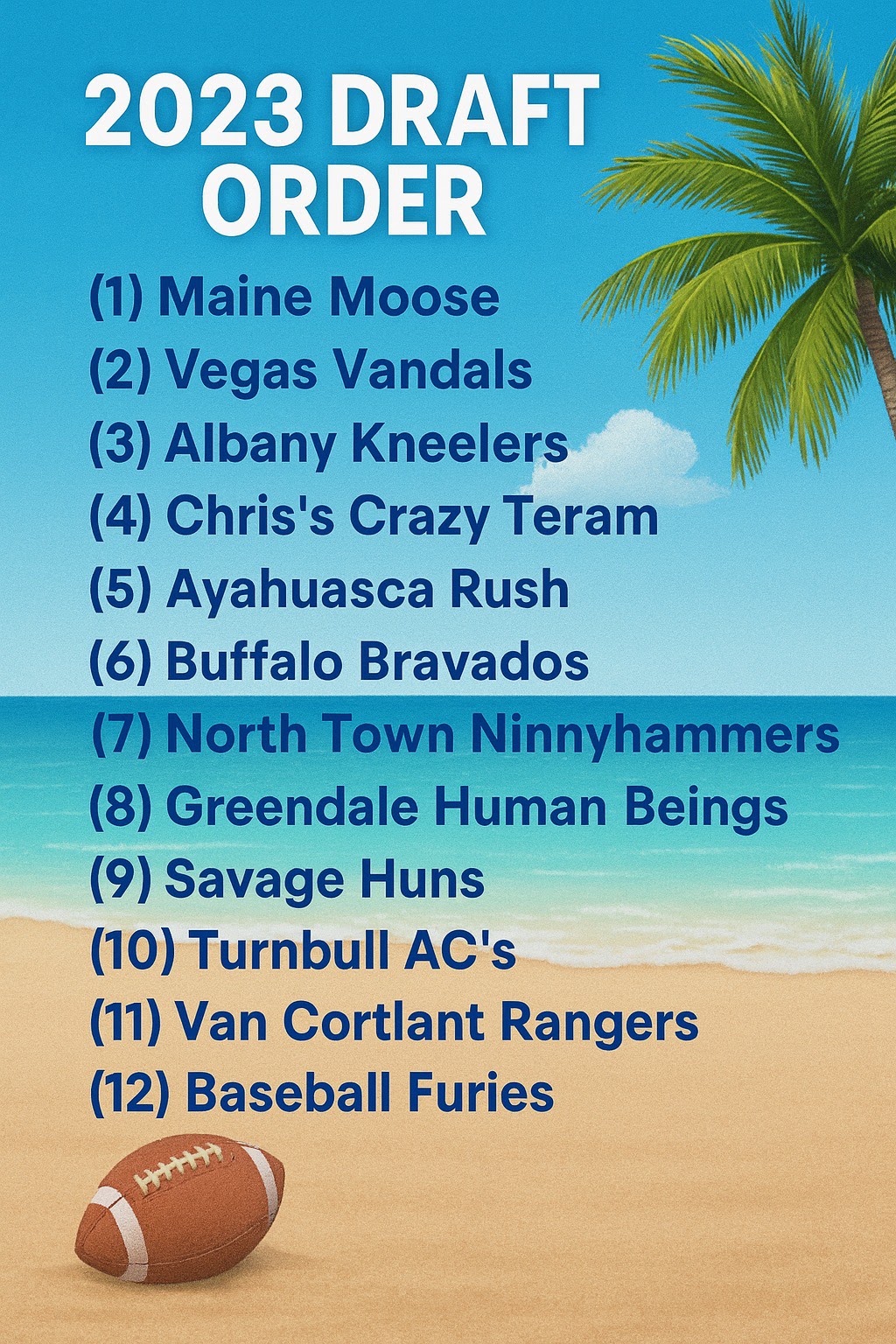 Original 2023 draft order on a beach background