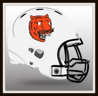 White Quahog Stripes football helmet with an orange animal emblem