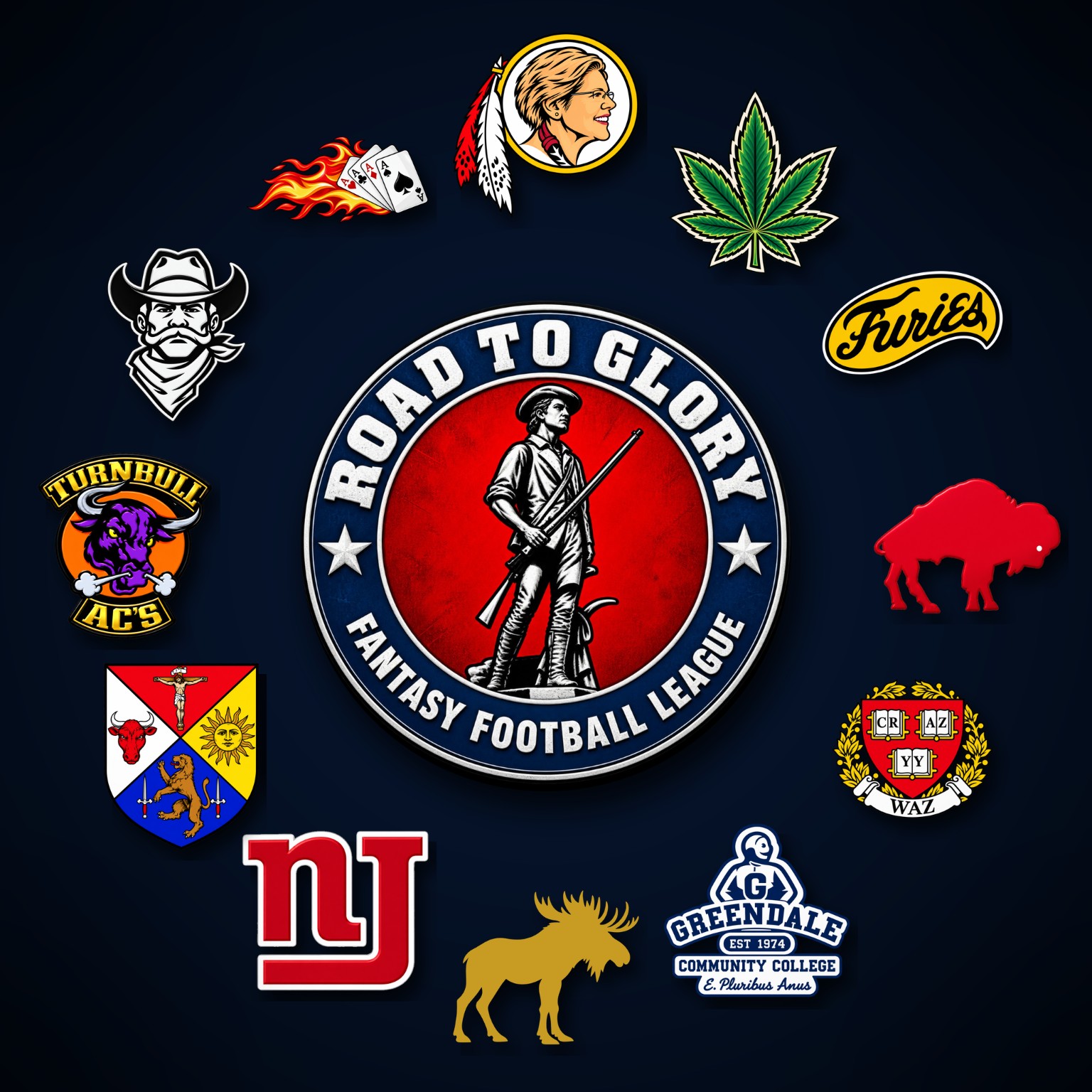 Road to Glory Fantasy Football League crest surrounded by the twelve active franchise logos
